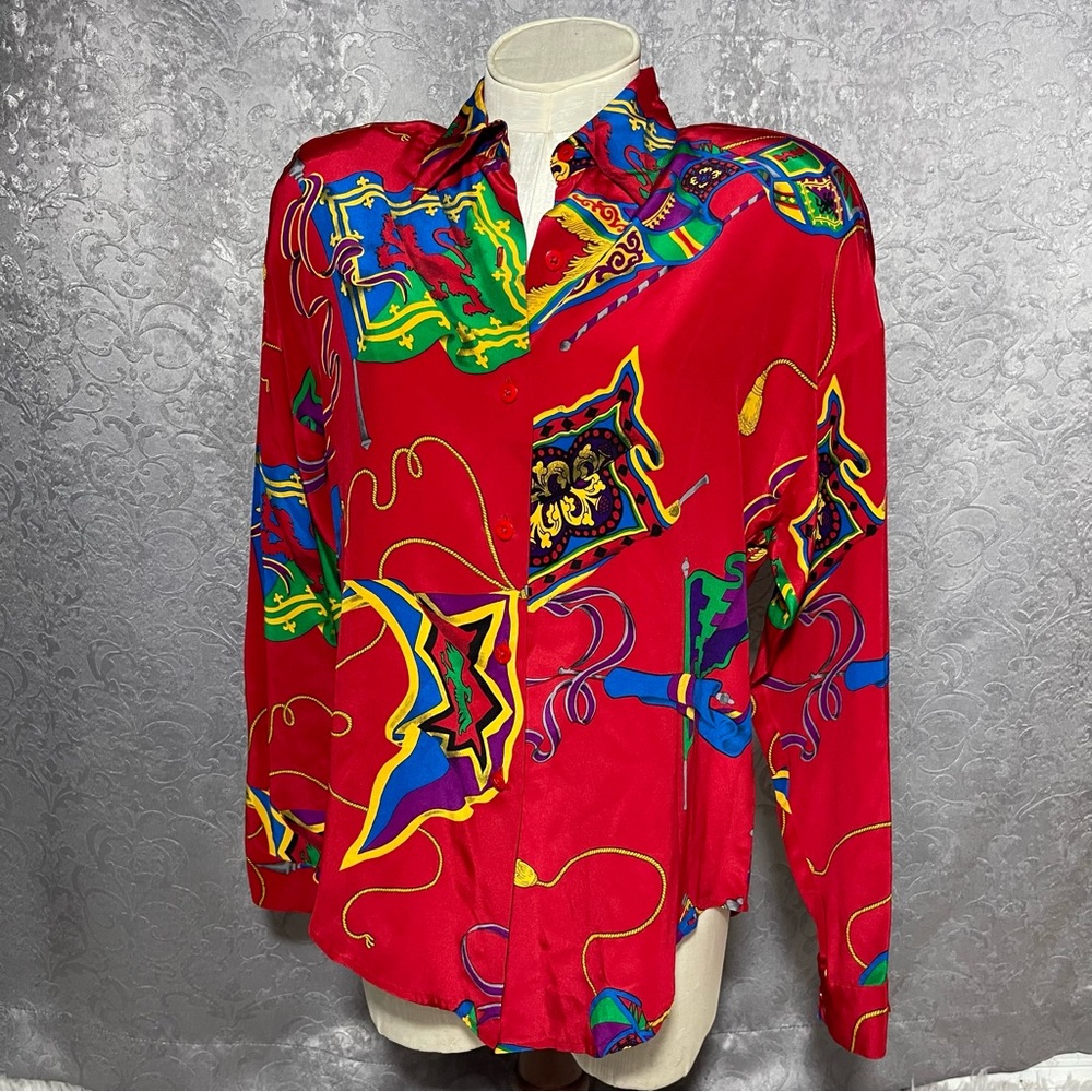 Ellen Tracy Heraldic Flag print Silk Red Graphic Long Sleeve Button Down Shirt